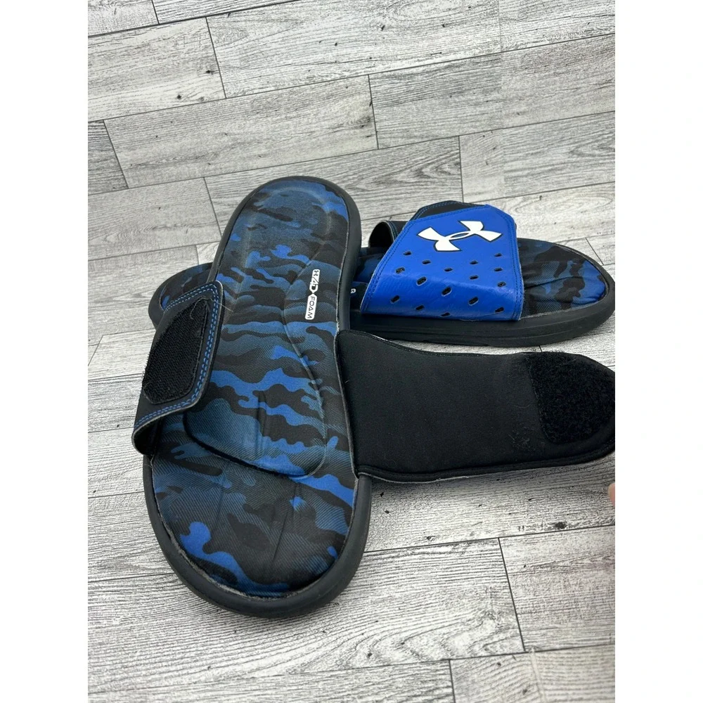 Under Armour Ignite Camo V Men Blue Black Slides Sandals 1266360-003 Size 13
